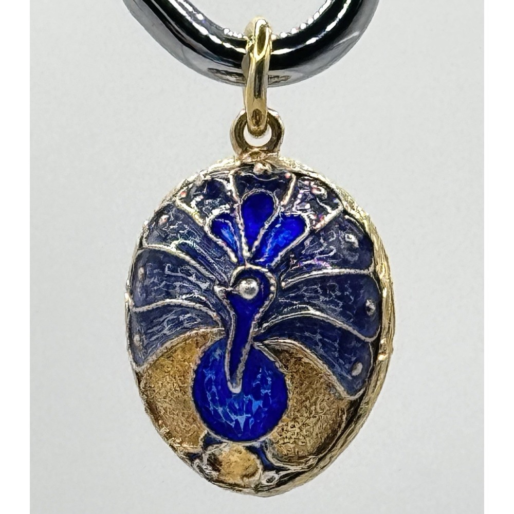 Peacock Egg Charm Pendant Blue Enamel Gold Tone Miniature Ornate .75"